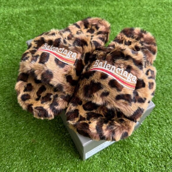 Balenciaga Furry Slide Leopard Brown Black - Picture 1 of 4